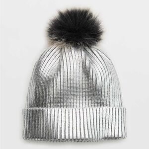Aerie Silver Knit Beanie with Black Pom Pom